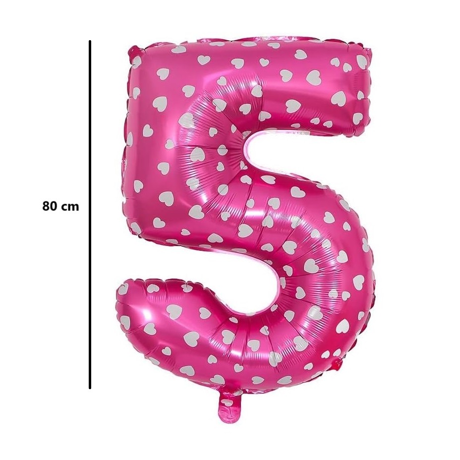 Balon din Folie Metalizata Figurina Cifra, Imprimeu Inimi, Tema Aniversare 80 cm, Ambalaj Individual, Pai inclus, Umflare cu Aer sau Heliu, Roz, Cifra 5 [1]