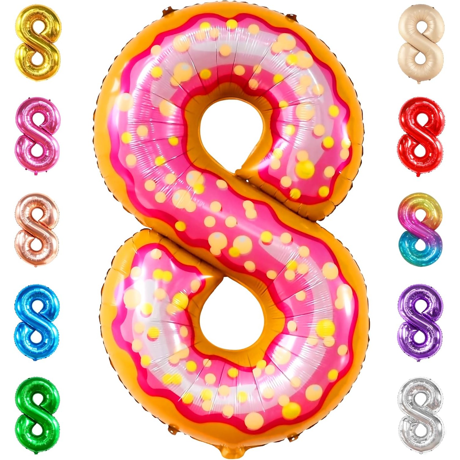 Balon din Folie Metalizata Figurina Cifra, Imprimeu Gogosi, Tema Aniversare 100 cm, Ambalaj Individual, Pai inclus, Umflare cu Aer sau Heliu, Multicolor, Cifra 8 [4]