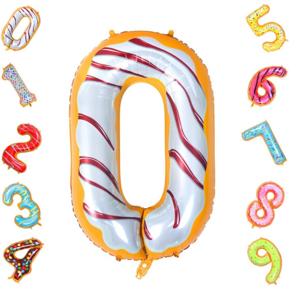 Balon din Folie Metalizata Figurina Cifra, Imprimeu Gogosi, Tema Aniversare 100 cm, Ambalaj Individual, Pai inclus, Umflare cu Aer sau Heliu, Multicolor, Cifra 0 [12]