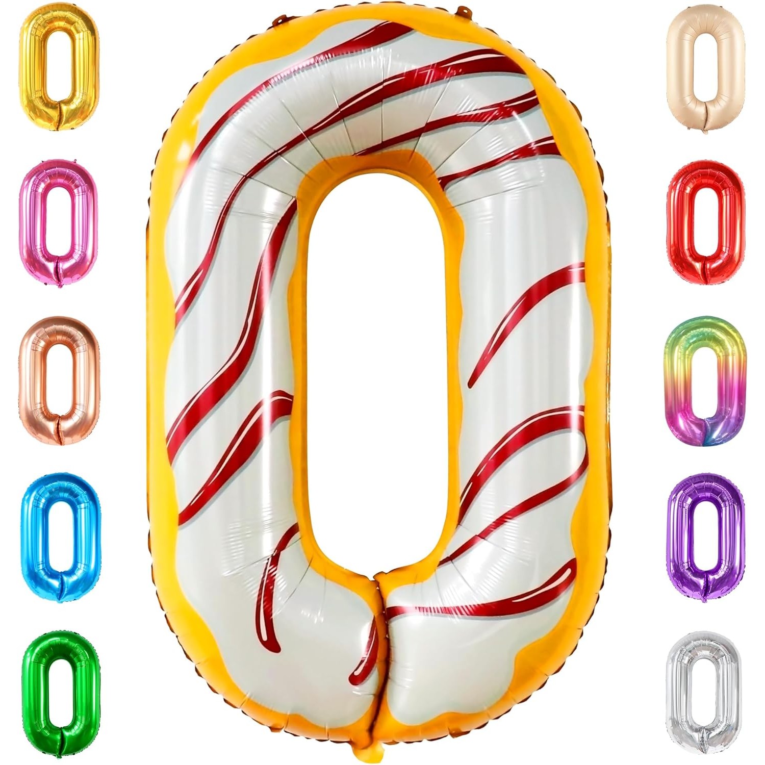 Balon din Folie Metalizata Figurina Cifra, Imprimeu Gogosi, Tema Aniversare 100 cm, Ambalaj Individual, Pai inclus, Umflare cu Aer sau Heliu, Multicolor, Cifra 0 [8]