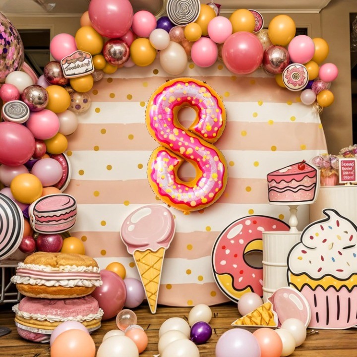 Balon din Folie Metalizata Figurina Cifra, Imprimeu Gogosi, Tema Aniversare 100 cm, Ambalaj Individual, Pai inclus, Umflare cu Aer sau Heliu, Multicolor, Cifra 8 [3]