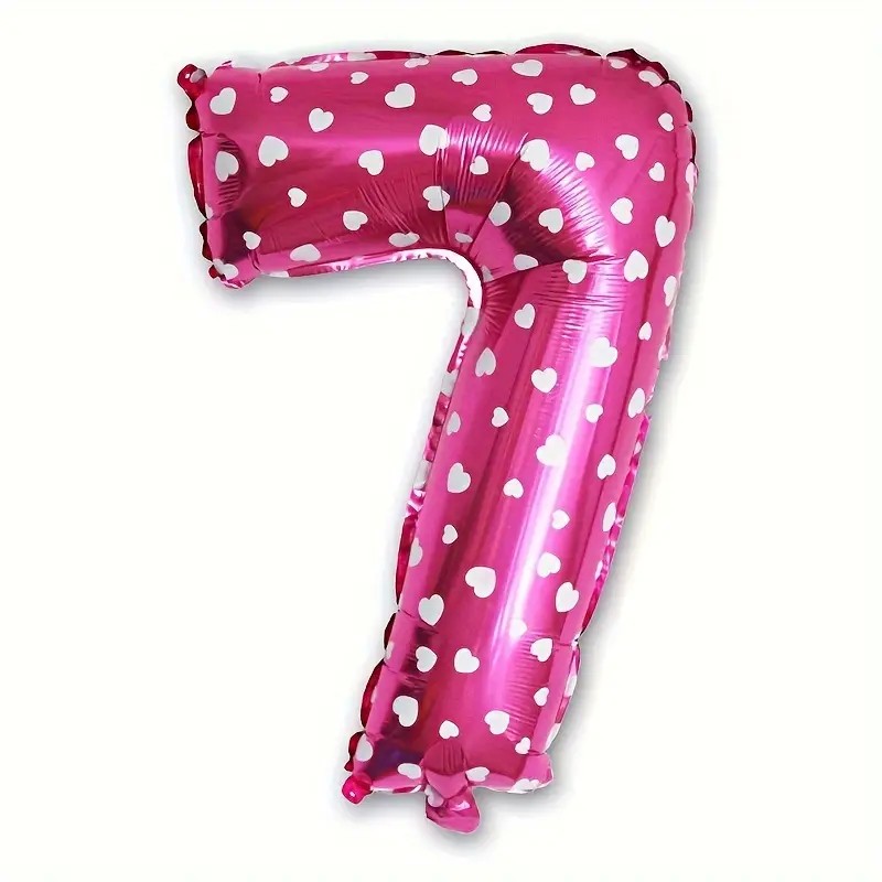 Balon din Folie Metalizata Figurina Cifra, Imprimeu Inimi, Tema Aniversare 80 cm, Ambalaj Individual, Pai inclus, Umflare cu Aer sau Heliu, Roz, Cifra 7 [2]
