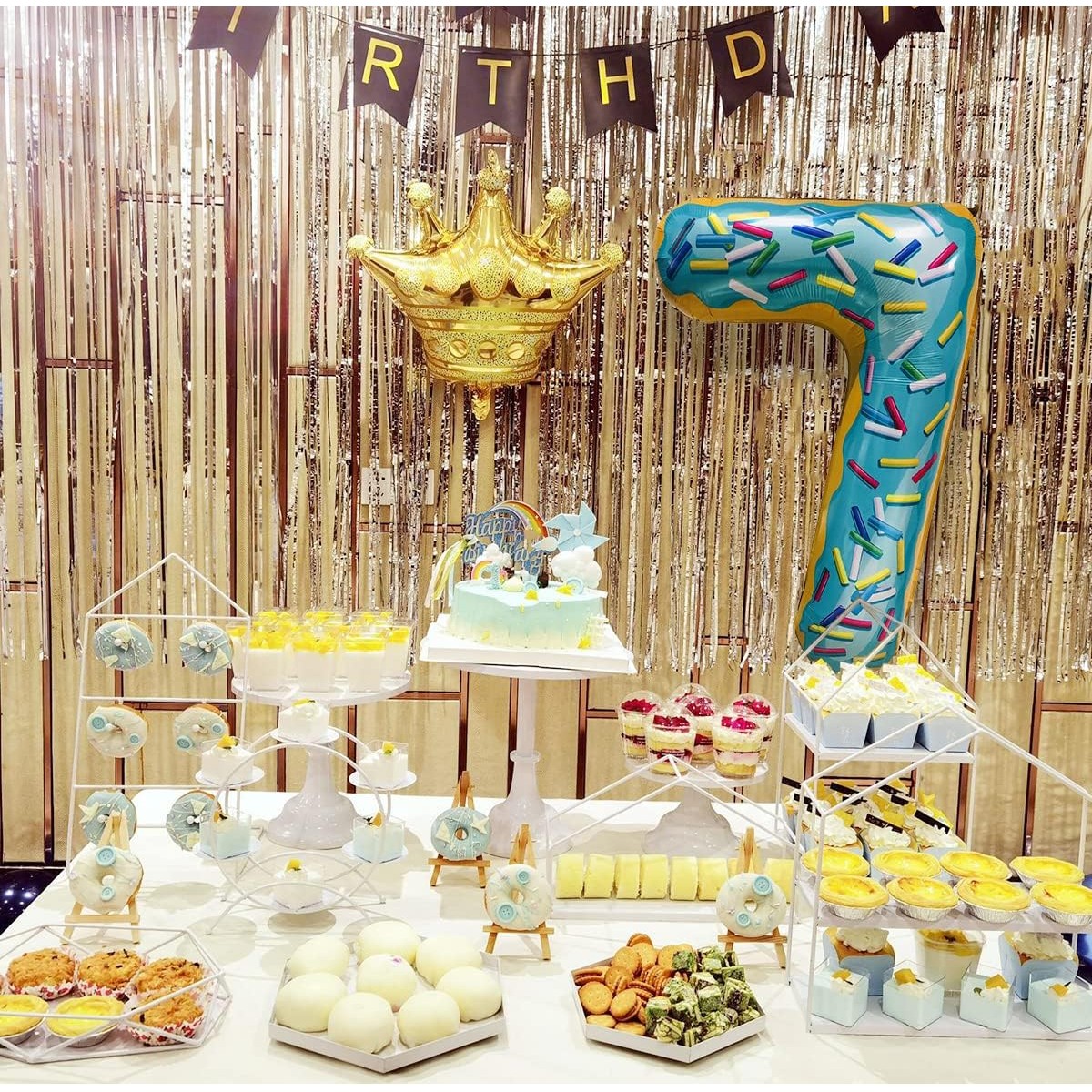 Balon din Folie Metalizata Figurina Cifra, Imprimeu Gogosi, Tema Aniversare 100 cm, Ambalaj Individual, Pai inclus, Umflare cu Aer sau Heliu, Multicolor, Cifra 7 [7]