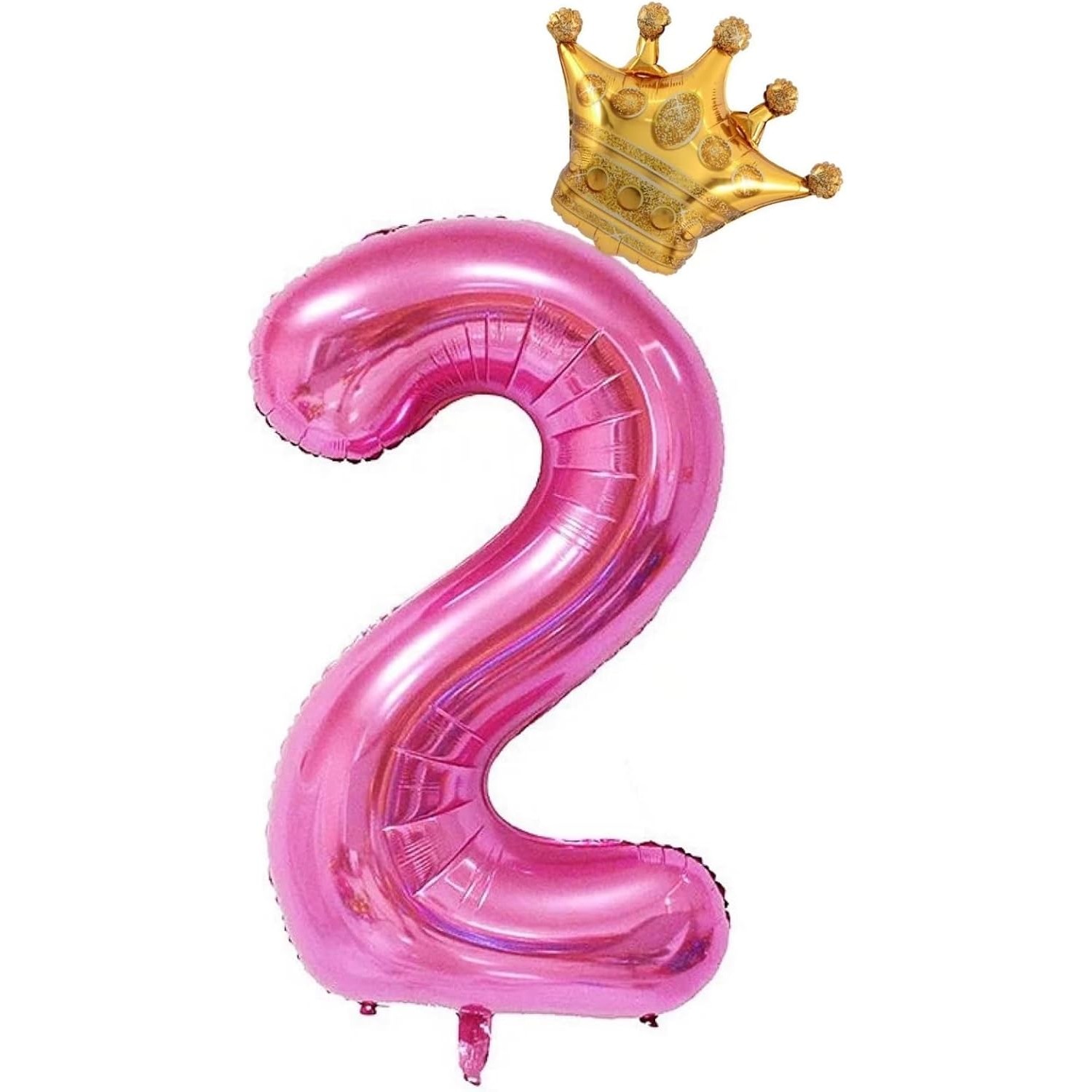 Cifre - Balon din Folie Metalizata Figurina Cifra si Coroana, Tema Aniversare 100 cm, Ambalaj Individual, Pai inclus, Umflare cu Aer sau Heliu, Roz, Cifra 2