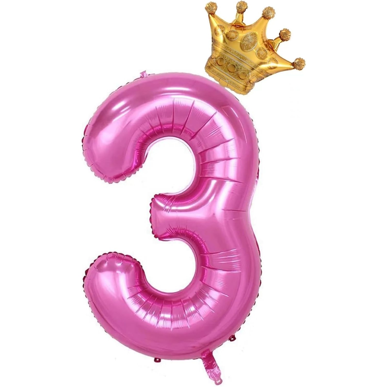 Cifre - Balon din Folie Metalizata Figurina Cifra si Coroana, Tema Aniversare 100 cm, Ambalaj Individual, Pai inclus, Umflare cu Aer sau Heliu, Roz, Cifra 3