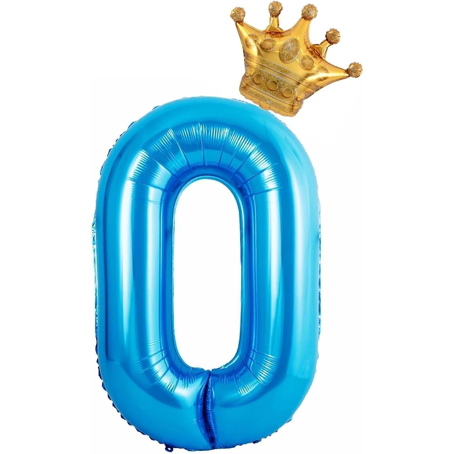 Cifre - Balon din Folie Metalizata Figurina Cifra si Coroana, Tema Aniversare 100 cm, Ambalaj Individual, Pai inclus, Umflare cu Aer sau Heliu, Albastru, Cifra 0