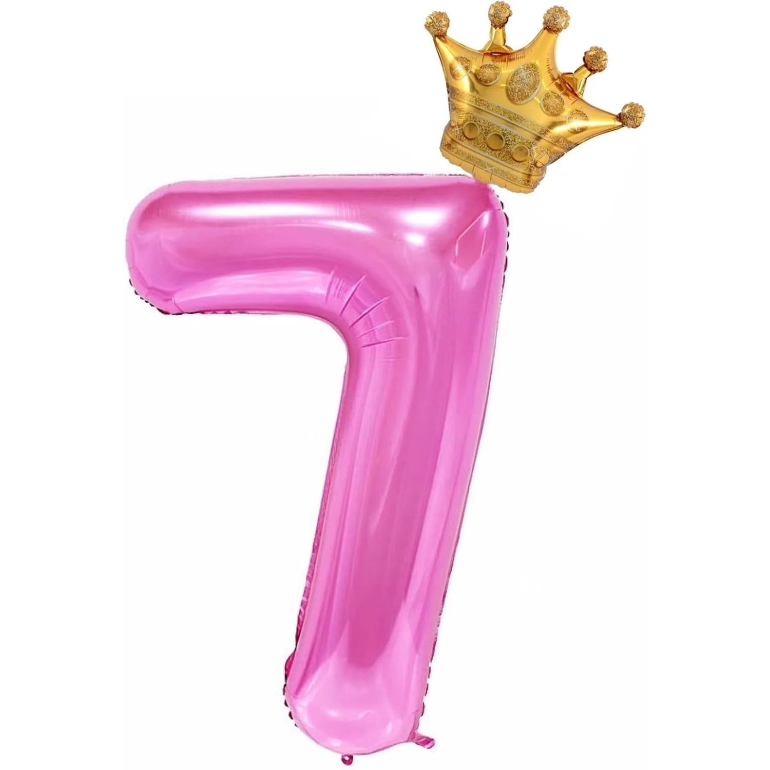 Cifre - Balon din Folie Metalizata Figurina Cifra si Coroana, Tema Aniversare 100 cm, Ambalaj Individual, Pai inclus, Umflare cu Aer sau Heliu, Roz, Cifra 7