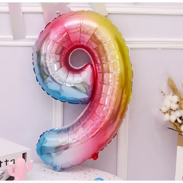 Balon din Folie Metalizata Figurina Cifra, Tema Aniversare 40 cm, Ambalaj Individual, Pai inclus, Umflare cu Aer sau Heliu, Multicolor, Cifra 9 [6]