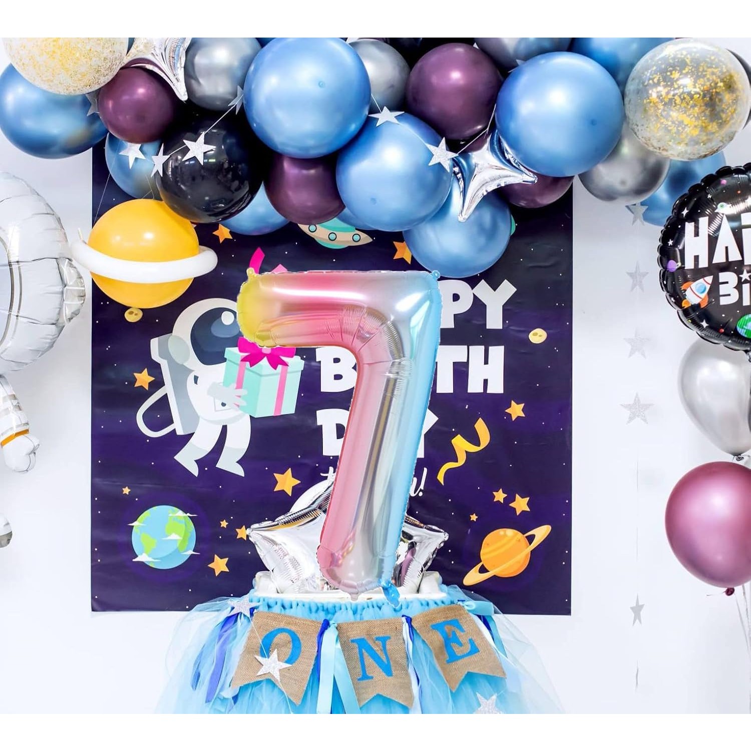 Balon din Folie Metalizata Figurina Cifra, Tema Aniversare 40 cm, Ambalaj Individual, Pai inclus, Umflare cu Aer sau Heliu, Multicolor, Cifra 7 [3]
