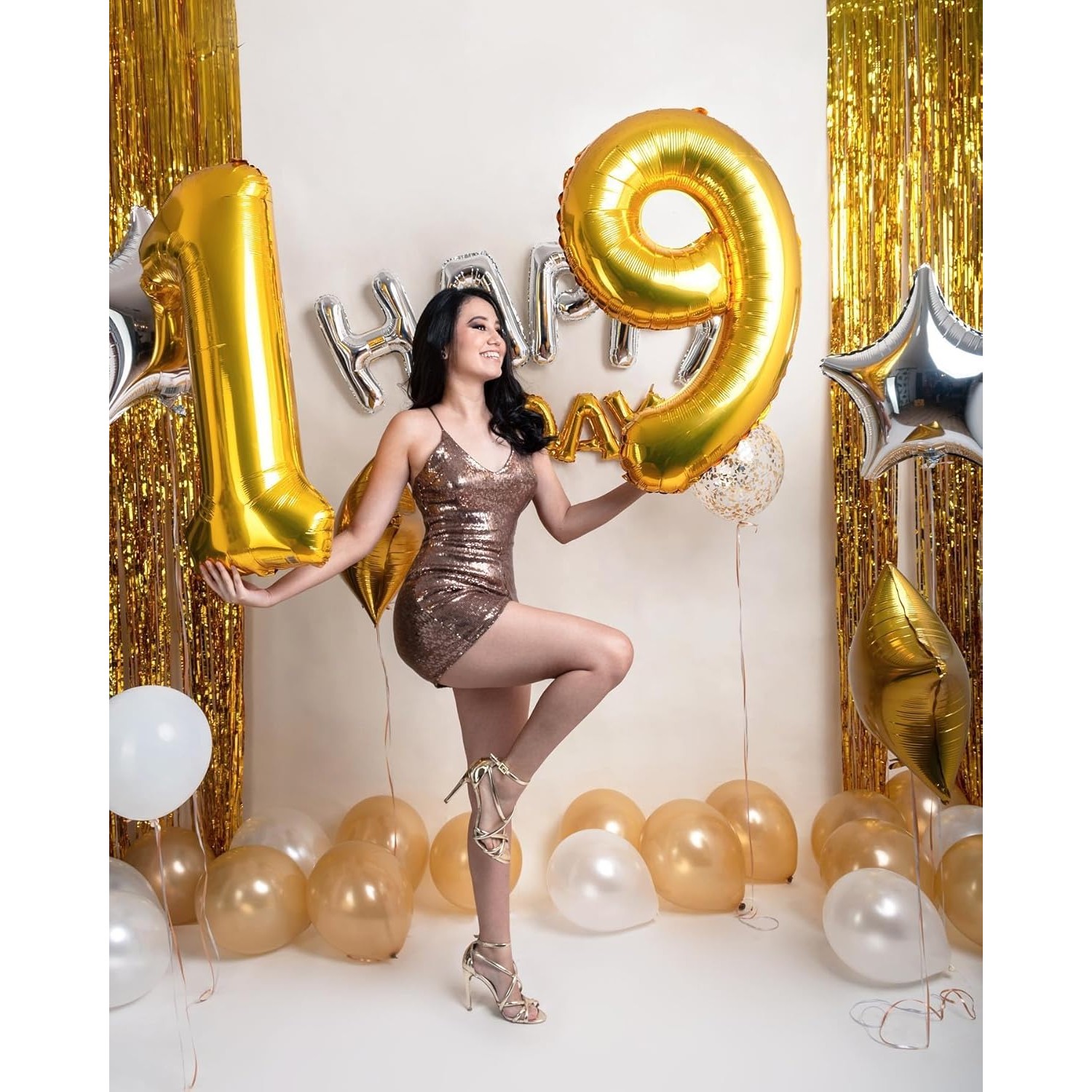 Balon din Folie Metalizata Figurina Cifra, Tema Aniversare 40 cm, Ambalaj Individual, Pai inclus, Umflare cu Aer sau Heliu, Auriu, Cifra 9 [6]