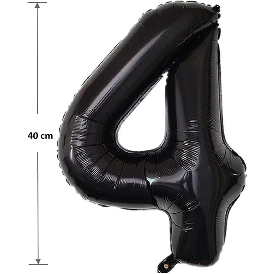 Balon din Folie Metalizata Figurina Cifra, Tema Aniversare 40 cm, Ambalaj Individual, Pai inclus, Umflare cu Aer sau Heliu, Negru, Cifra 4 [1]