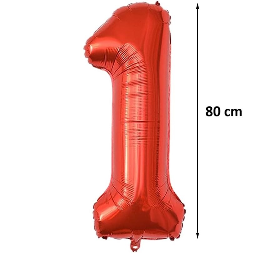 Balon din Folie Metalizata Figurina Cifra, Tema Aniversare 80 cm, Ambalaj Individual, Pai inclus, Umflare cu Aer sau Heliu, Rosu, Cifra 1 [1]