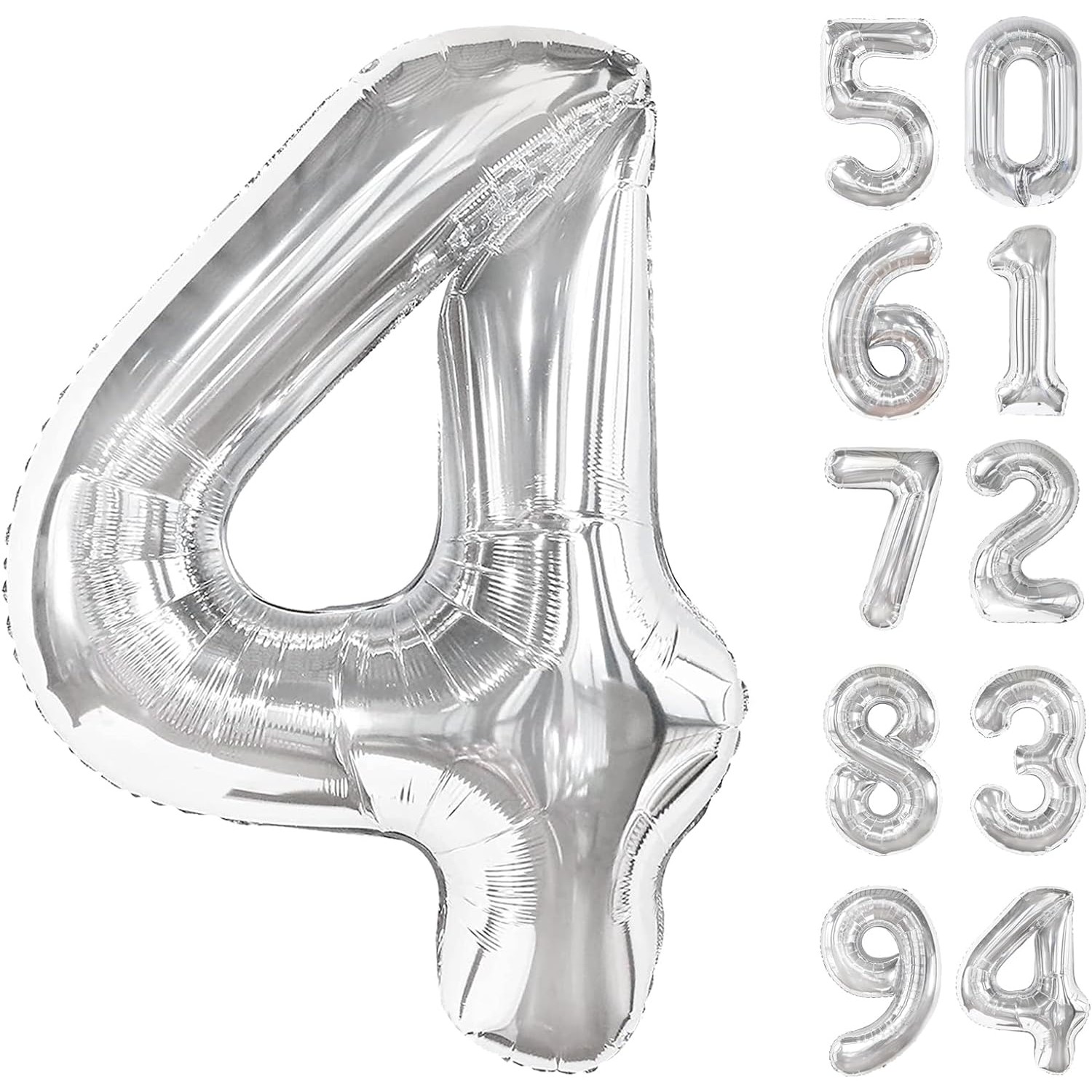 Balon din Folie Metalizata, Figurina Cifra, Tema Aniversare 40 cm, Ambalaj Individual, Pai inclus, Umflare cu Aer sau Heliu, Argintiu, Cifra 4 [8]