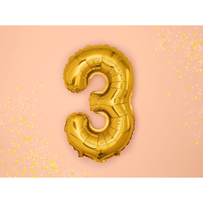 Balon din Folie Metalizata Figurina Cifra, Tema Aniversare 100 cm, Ambalaj Individual, Pai inclus, Umflare cu Aer sau Heliu, Auriu, Cifra 3 [1]