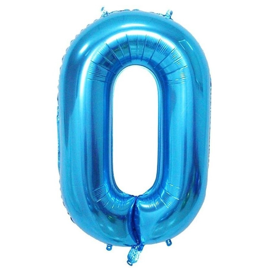 Articole Petrecere - Balon din Folie Metalizata, Figurina Cifra, Tema Aniversare 100 cm, Ambalaj Individual, Pai inclus, Umflare cu Aer sau Heliu, Albastru, Cifra 0