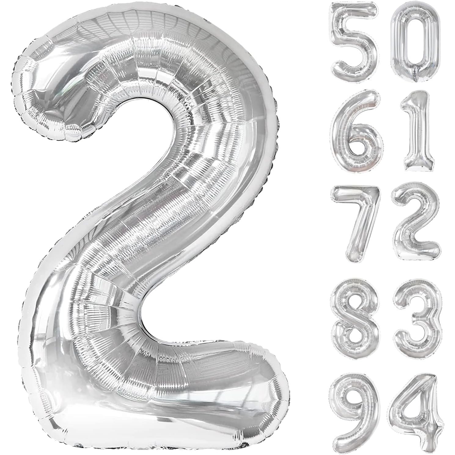 Balon din Folie Metalizata, Figurina Cifra, Tema Aniversare 100 cm, Ambalaj Individual, Pai inclus, Umflare cu Aer sau Heliu, Argintiu, Cifra 2 [7]