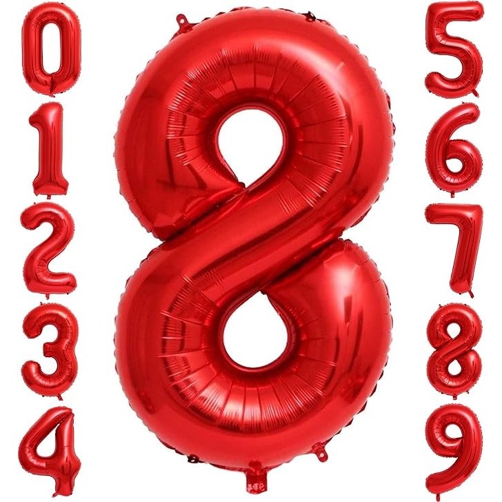Balon din Folie Metalizata Figurina Cifra, Tema Aniversare 80 cm, Ambalaj Individual, Pai inclus, Umflare cu Aer sau Heliu, Rosu, Cifra 8 [2]