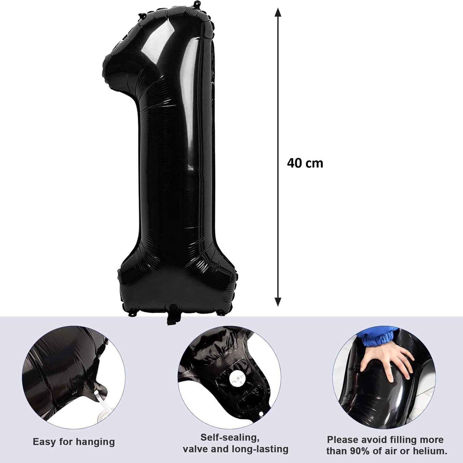 Balon din Folie Metalizata Figurina Cifra, Tema Aniversare 40 cm, Ambalaj Individual, Pai inclus, Umflare cu Aer sau Heliu, Negru, Cifra 1 [7]