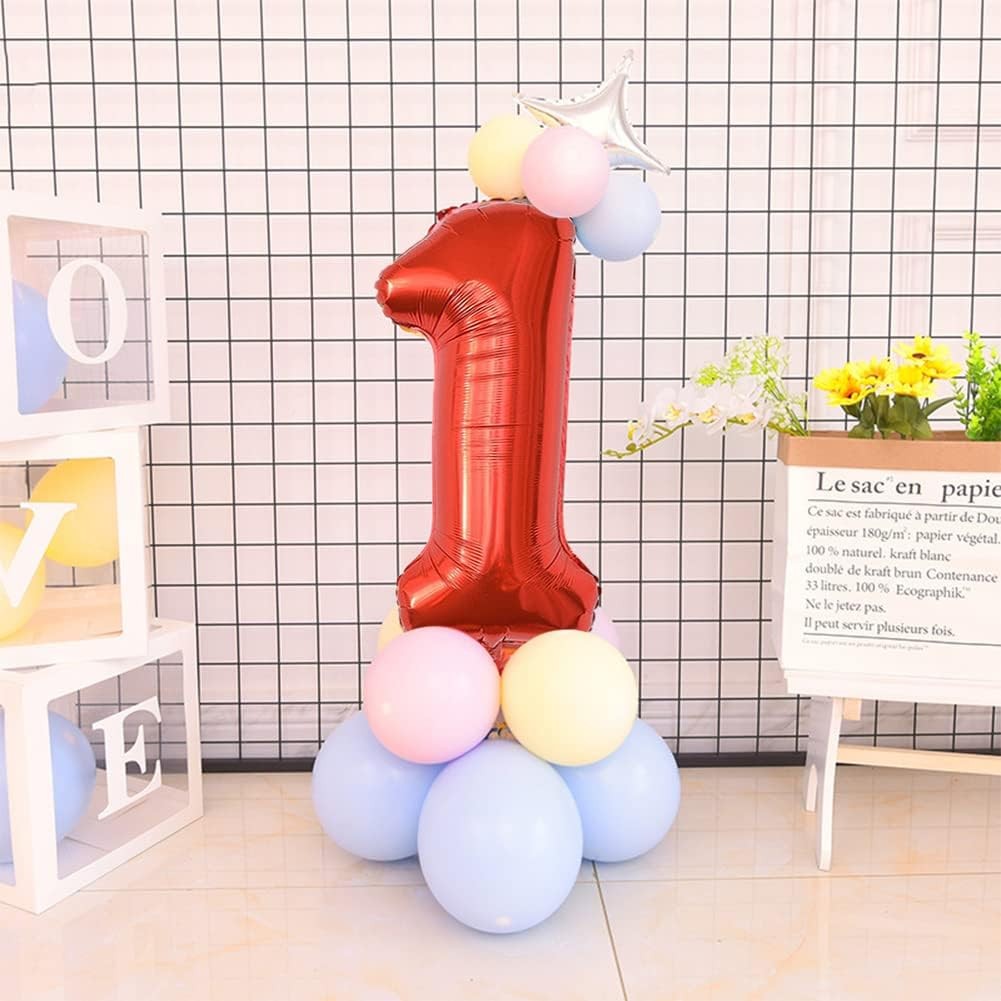 Balon din Folie Metalizata Figurina Cifra, Tema Aniversare 80 cm, Ambalaj Individual, Pai inclus, Umflare cu Aer sau Heliu, Rosu, Cifra 1 [5]