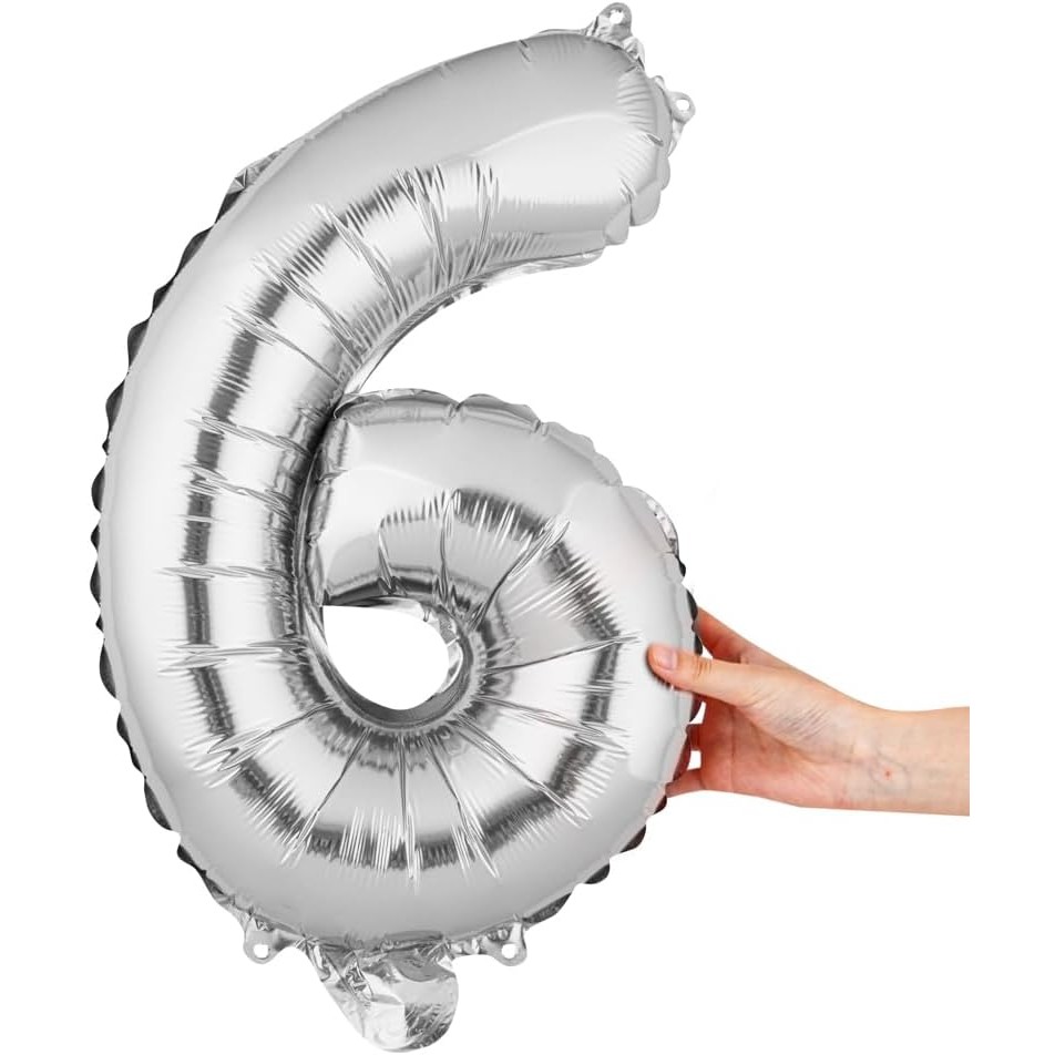 Balon din Folie Metalizata Figurina Cifra, Tema Aniversare 40 cm, Ambalaj Individual, Pai inclus, Umflare cu Aer sau Heliu, Argintiu, Cifra 6 [3]