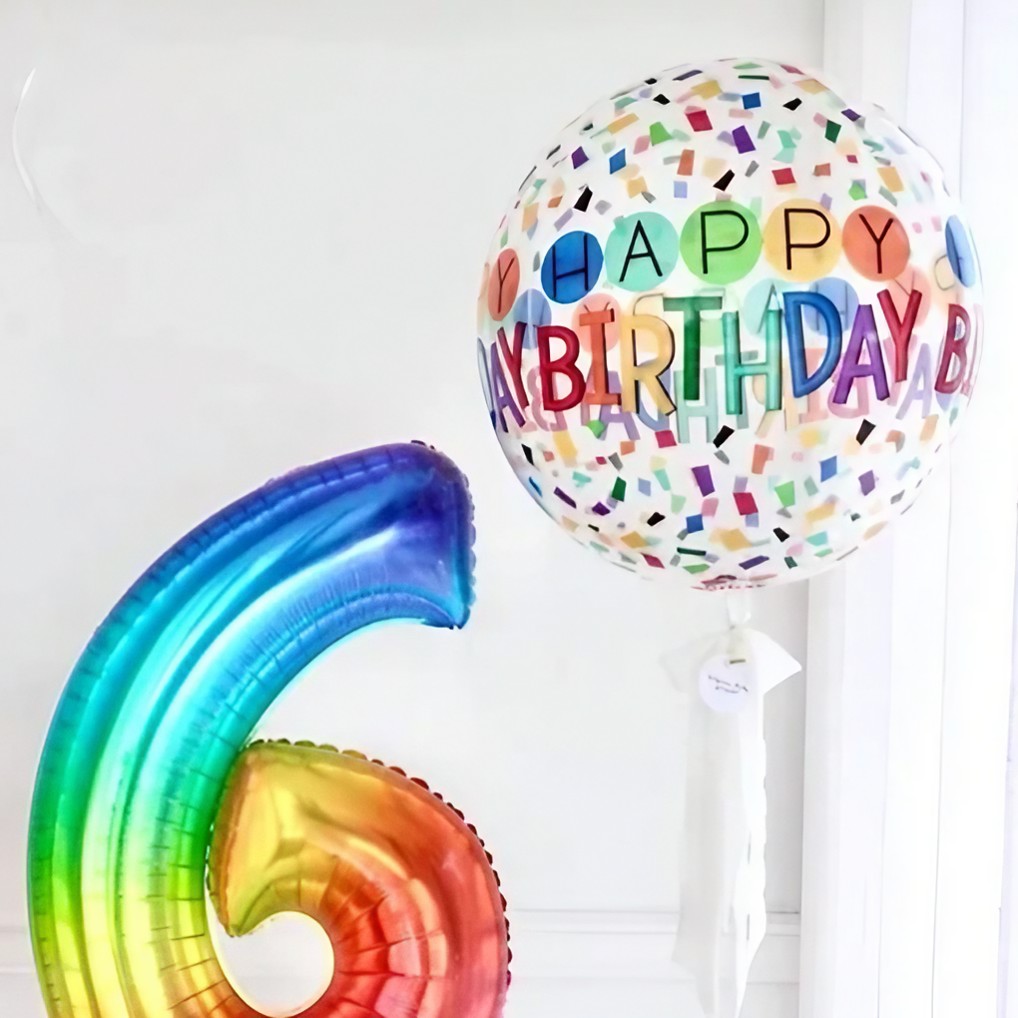 Balon din Folie Metalizata, Figurine 4D, Model Happy Birthday, Tematica Aniversara Bombonele, 63x24 cm, Ambalaj Individual, Pai Inclus, Umflare cu Aer sau Heliu, Alb-Multicolor [7]