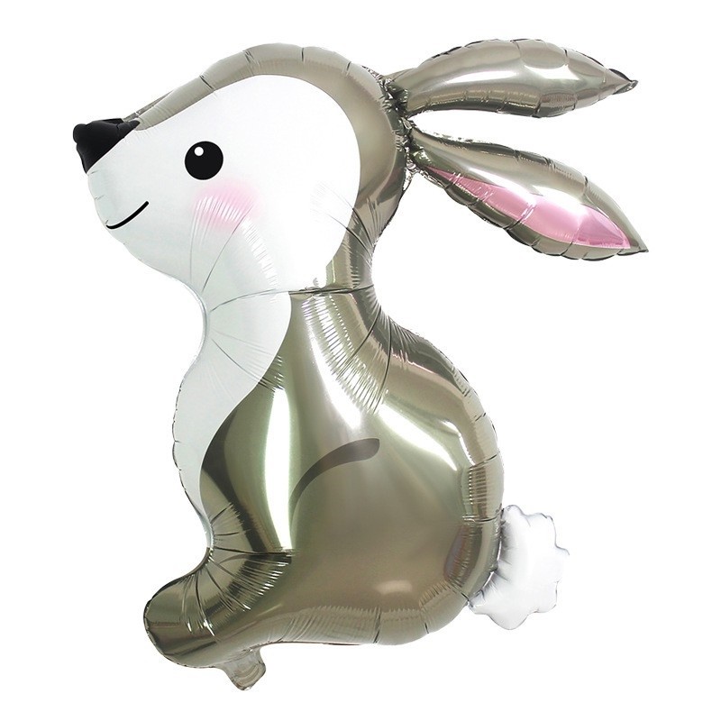 Figurine si Baloane 3D - Balon din Folie Metalizata, Ambalaj Individual, Pai Inclus, Model Iepure, Tema Animalute, 56x73 cm, Umflare cu Aer sau Heliu, Gri
