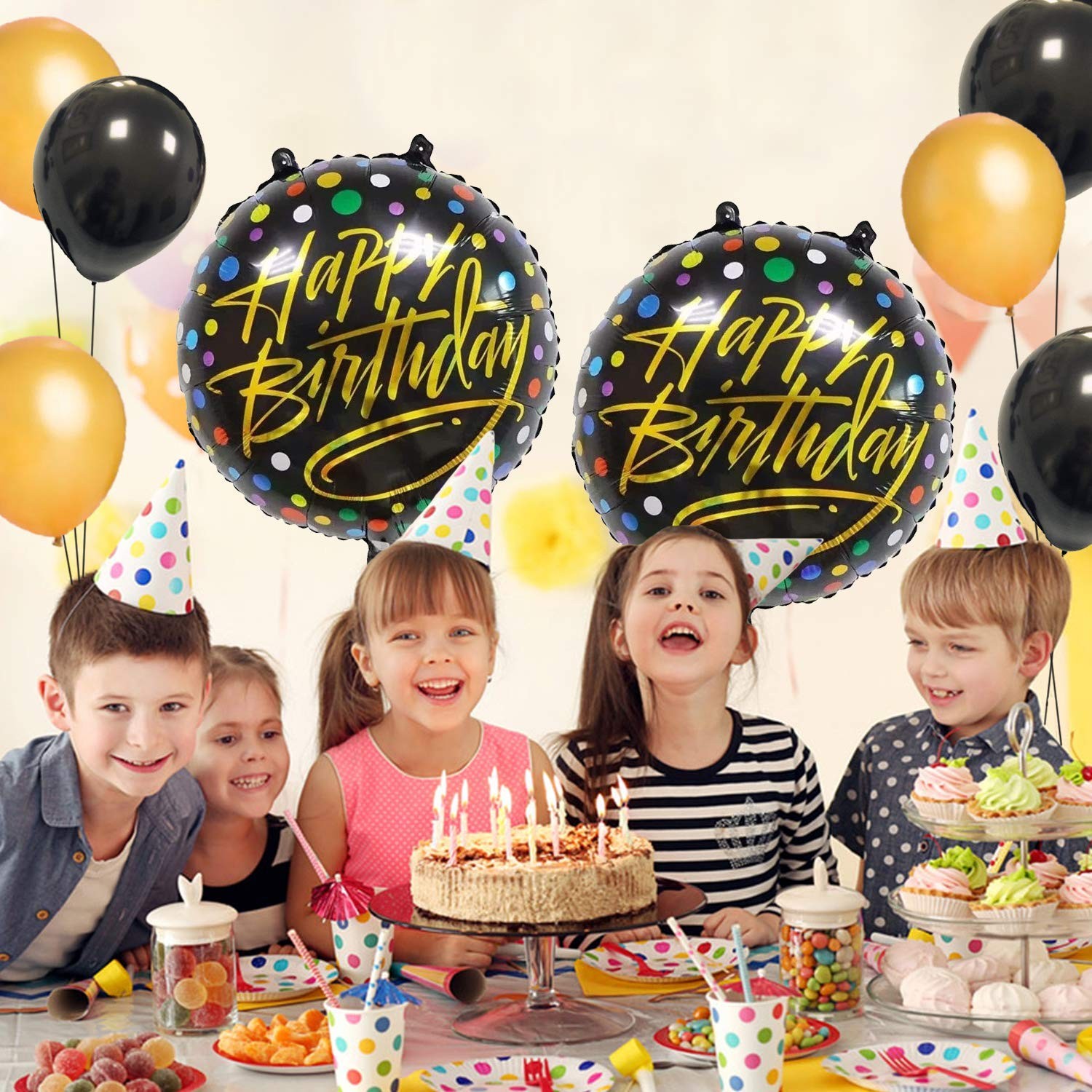 Balon din Folie Metalizata, Figurine, Model 3, Happy Birthday, Tematica Aniversare, 45 cm, Ambalaj Individual, Pai Inclus, Umflare cu Aer sau Heliu, Multicolor [4]