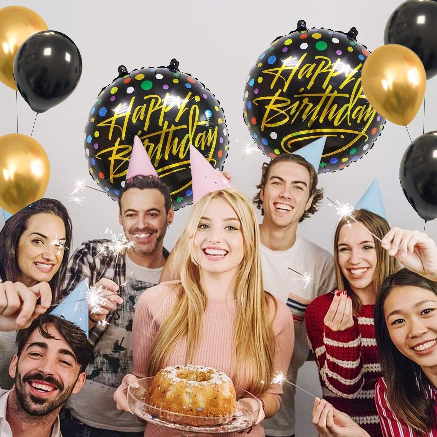 Balon din Folie Metalizata, Figurine, Model 3, Happy Birthday, Tematica Aniversare, 45 cm, Ambalaj Individual, Pai Inclus, Umflare cu Aer sau Heliu, Multicolor [3]