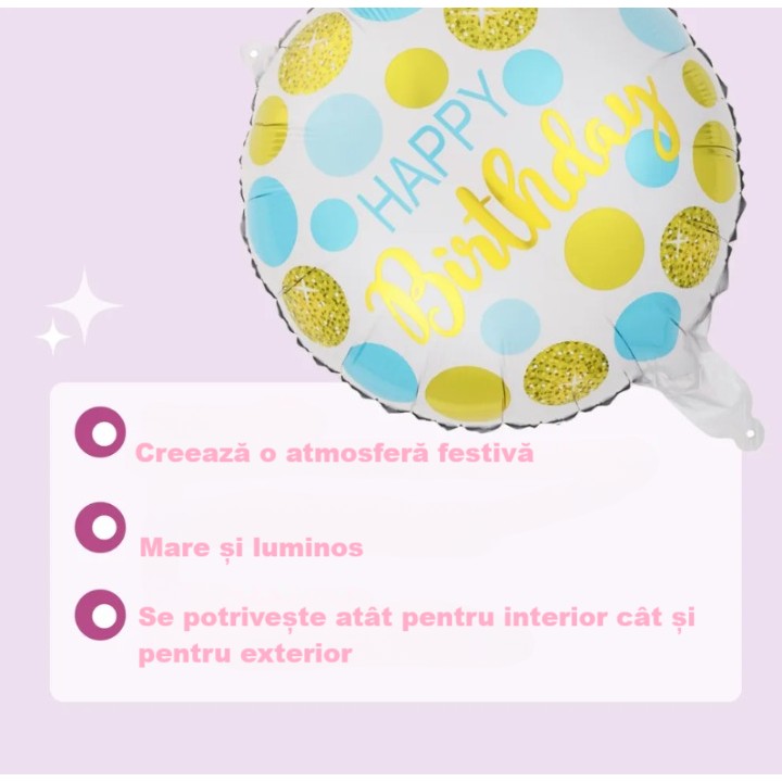 Balon din Folie Metalizata, Figurine, Model 5, Happy Birthday, Tematica Aniversare, 45 cm, Ambalaj Individual, Pai Inclus, Umflare cu Aer sau Heliu, Multicolor [1]