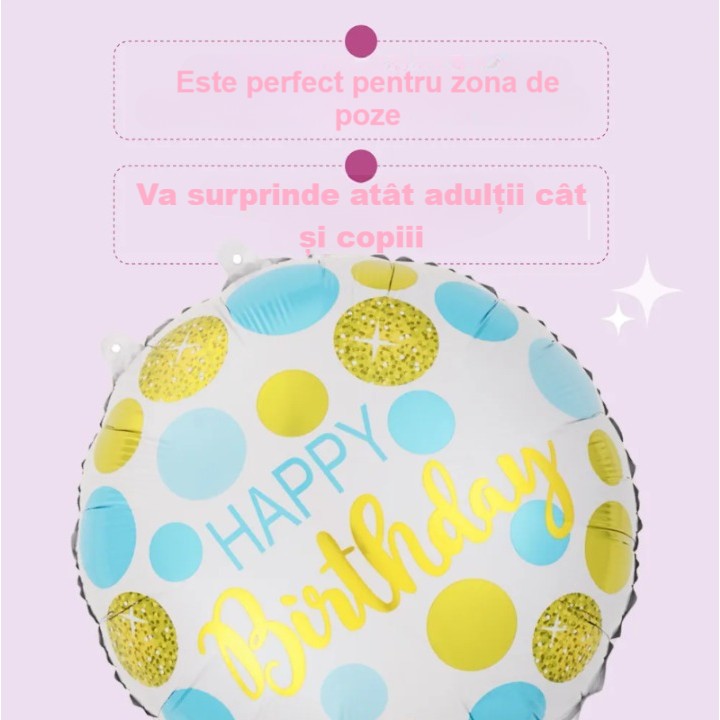 Balon din Folie Metalizata, Figurine, Model 5, Happy Birthday, Tematica Aniversare, 45 cm, Ambalaj Individual, Pai Inclus, Umflare cu Aer sau Heliu, Multicolor [2]
