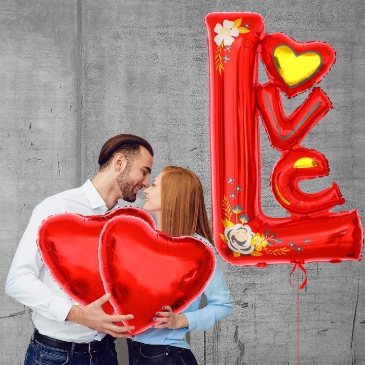 Balon din Folie Metalizata, Figurine, Model LOVE, Tematica Iubire, 110x64 cm, Ambalaj Individual, Pai Inclus, Umflare cu Aer sau Heliu, Rosu [4]