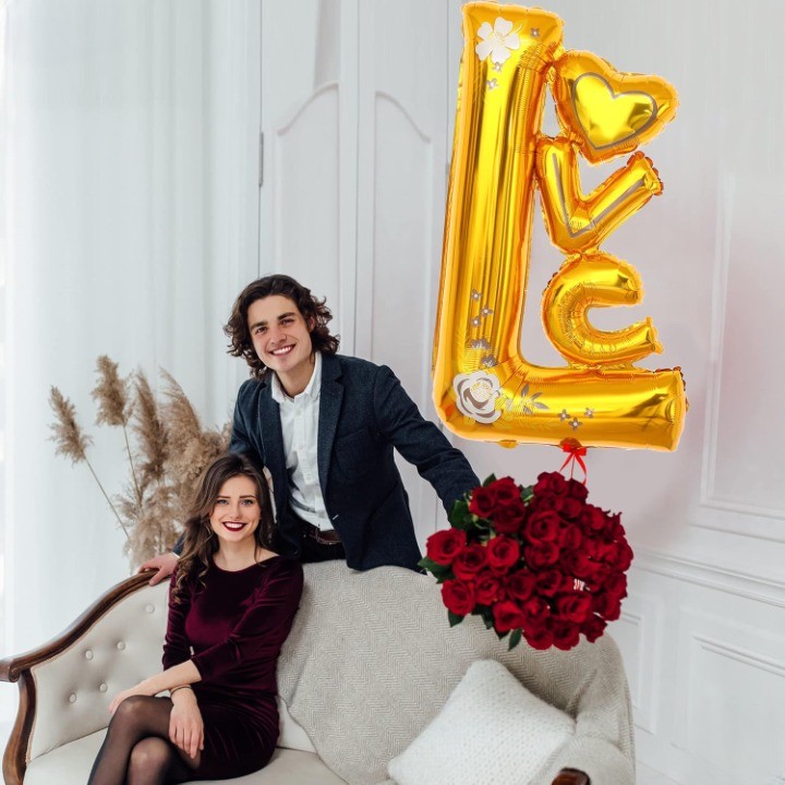 Balon din Folie Metalizata, Figurine, Model LOVE, Tematica Iubire, 110x64 cm, Ambalaj Individual, Pai Inclus, Umflare cu Aer sau Heliu, Galben [5]