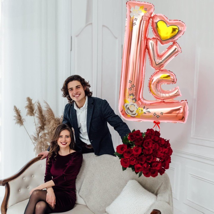 Balon din Folie Metalizata, Figurine, Model LOVE, Tematica Iubire, 110x64 cm, Ambalaj Individual, Pai Inclus, Umflare cu Aer sau Heliu, Roz [5]