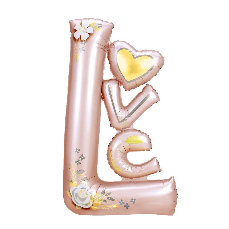 Seturi Baloane Folie - Balon din Folie Metalizata, Figurine, Model LOVE, Tematica Iubire, 110x64 cm, Ambalaj Individual, Pai Inclus, Umflare cu Aer sau Heliu, Roz Deschis