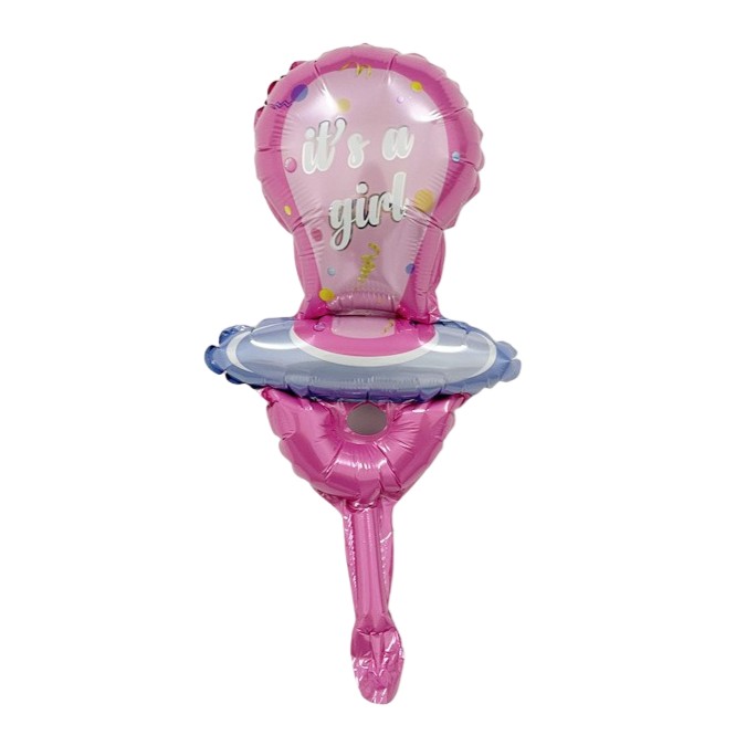 Tematica Fata/Baiat - Balon din Folie Metalizata, Mini Figurina, Model Suzeta, Tematica Gender Reveal, 23x50 cm, Ambalaj Individual, Pai Inclus, Umflare cu Aer sau Heliu, Roz