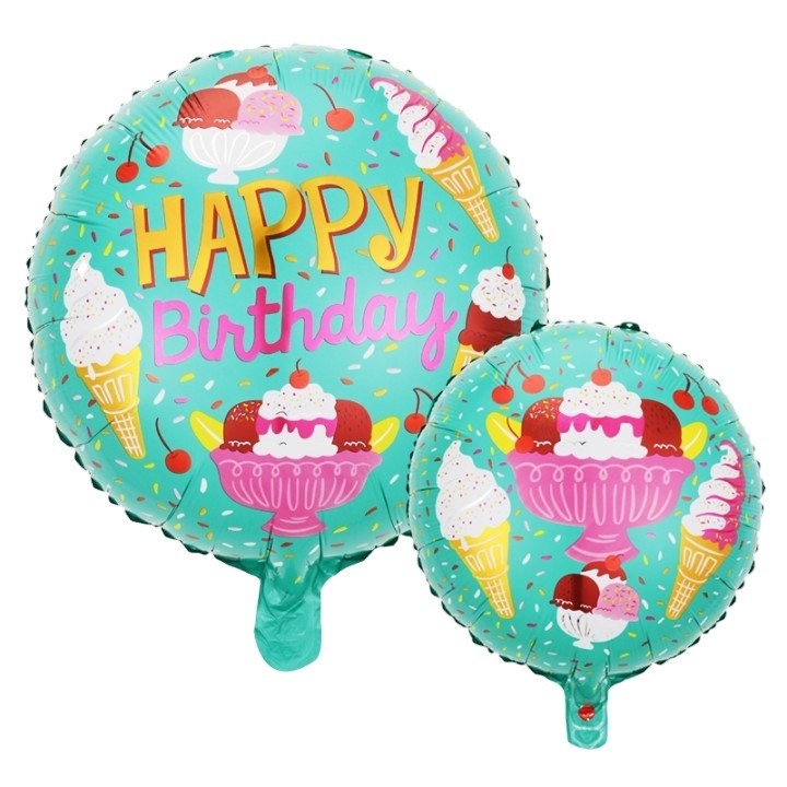 Balon din Folie Metalizata, Mini Figurina Rotunda, Model Inghetata, Happy Birthday, Tematica Aniversare, 45 cm, Ambalaj Individual, Pai Inclus, Umflare cu Aer sau Heliu, Verde [1]