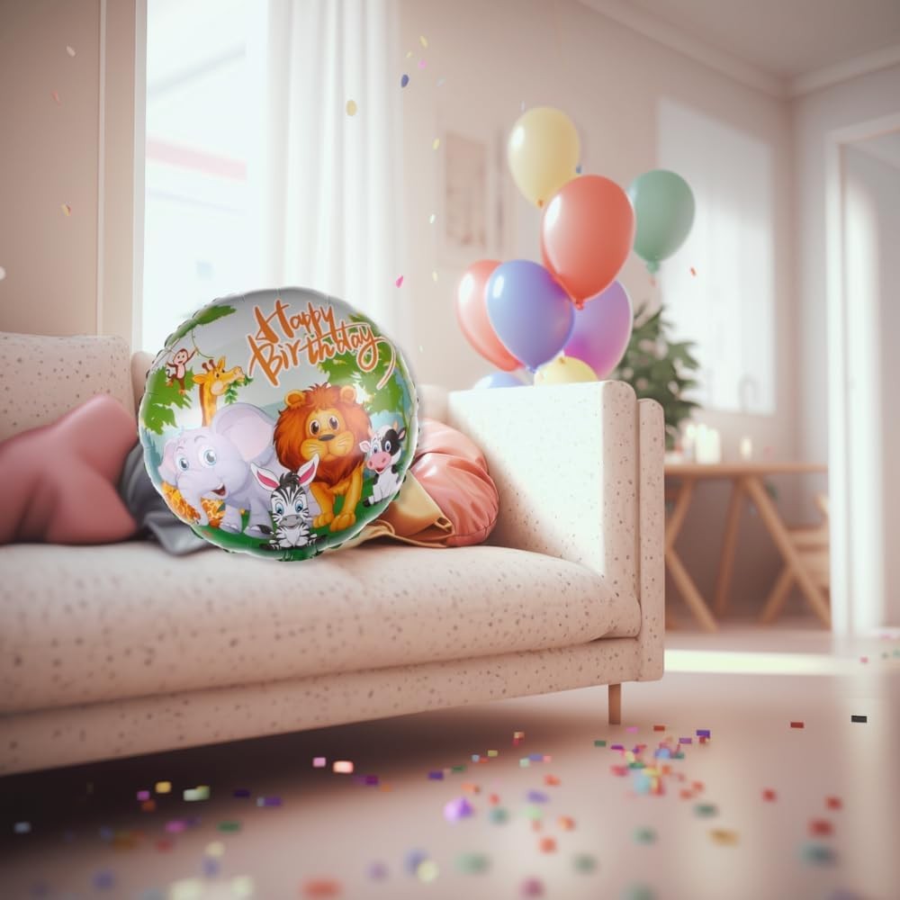Balon din Folie Metalizata, Mini Figurina Rotunda, Model Animalute, Happy Birthday, Tematica Aniversare, 45 cm, Ambalaj Individual, Pai Inclus, Umflare cu Aer sau Heliu, Multicolor [1]