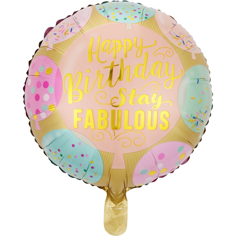 Balon din Folie Metalizata, Mini Figurina Rotunda, Model Happy Birthday Stay Fabulous, Tematica Aniversare, 45 cm, Ambalaj Individual, Pai Inclus, Umflare cu Aer sau Heliu, Multicolor [2]