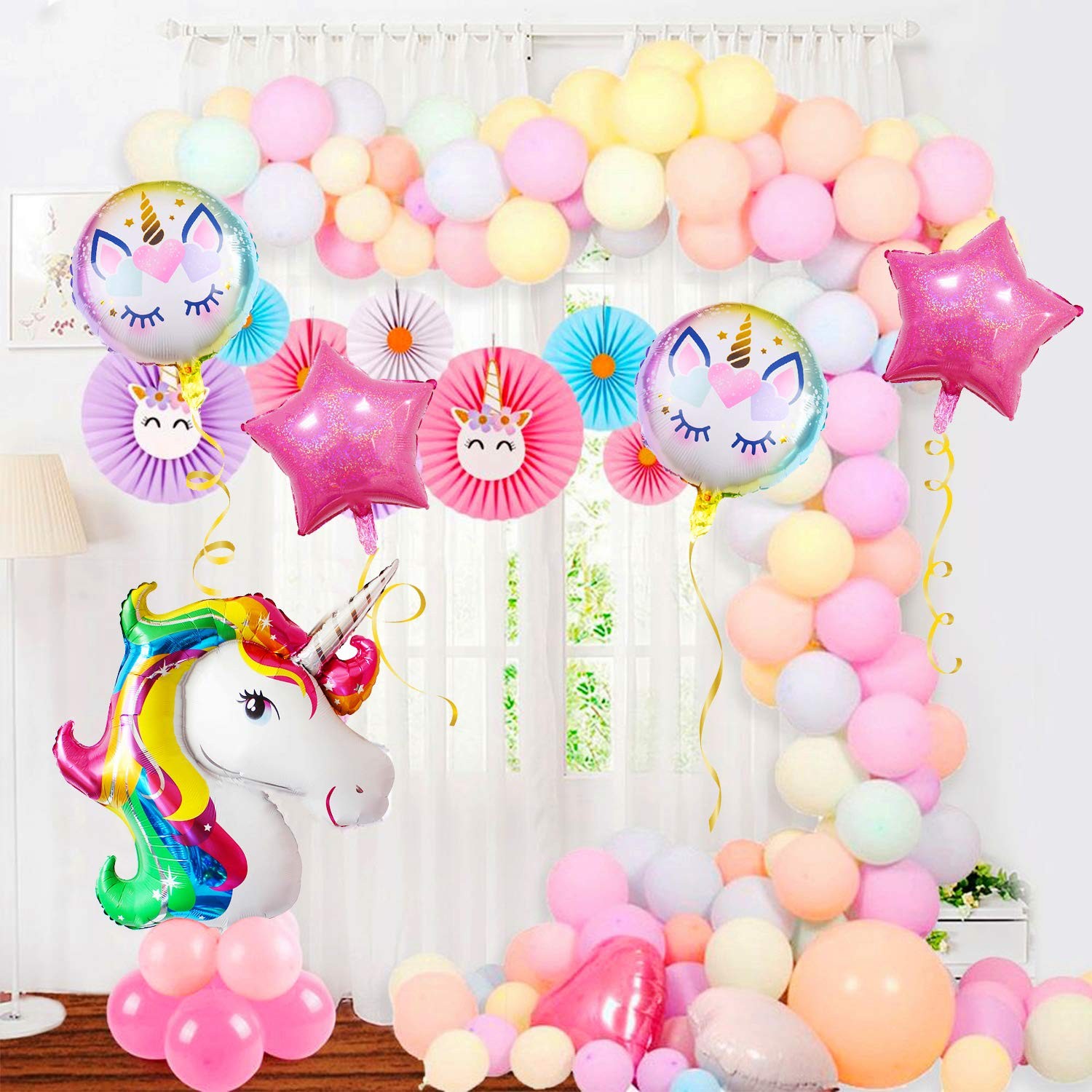 Balon din Folie Metalizata, Mini Figurina Rotunda, Model Unicorn, Happy Birthday, Tematica Aniversare, 45 cm, Ambalaj Individual, Pai Inclus, Umflare cu Aer sau Heliu, Multicolor [3]