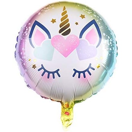 Balon din Folie Metalizata, Mini Figurina Rotunda, Model Unicorn, Happy Birthday, Tematica Aniversare, 45 cm, Ambalaj Individual, Pai Inclus, Umflare cu Aer sau Heliu, Multicolor [1]