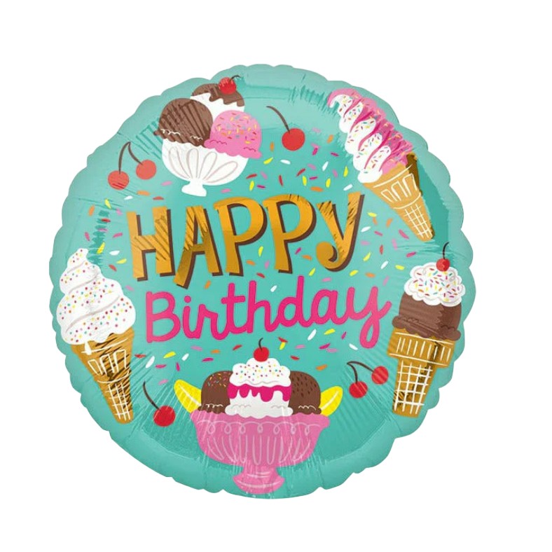 Balon din Folie Metalizata, Mini Figurina Rotunda, Model Inghetata, Happy Birthday, Tematica Aniversare, 45 cm, Ambalaj Individual, Pai Inclus, Umflare cu Aer sau Heliu, Verde [3]