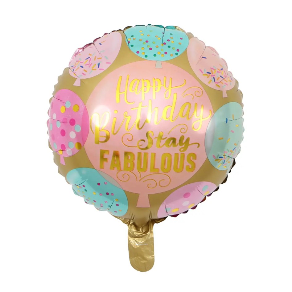 Balon din Folie Metalizata, Mini Figurina Rotunda, Model Happy Birthday Stay Fabulous, Tematica Aniversare, 45 cm, Ambalaj Individual, Pai Inclus, Umflare cu Aer sau Heliu, Multicolor [3]