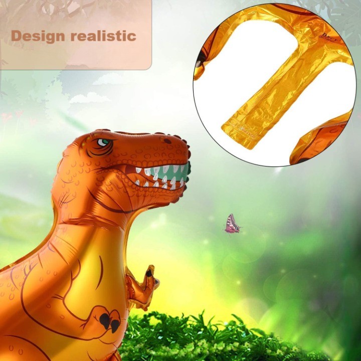 Balon din Folie Metalizata, Mini Figurine Dinozauri, Model T-Rex, Tematica Aniversare, 48x34 cm, Ambalaj Individual, Pai Inclus, Umflare cu Aer sau Heliu, Multicolor [3]