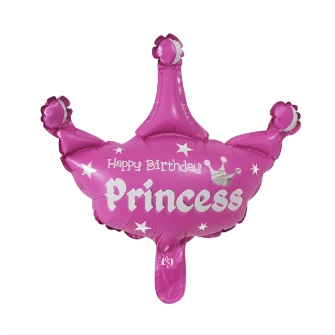 Balon din Folie Metalizata, Mini Figurine, Model Coroana de Printesa, Tematica Aniversare, 42x38 cm, Ambalaj Individual, Pai Inclus, Umflare cu Aer sau Heliu, Roz [6]