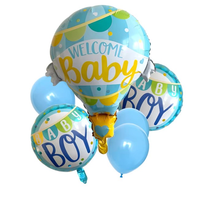 Balon din Folie Metalizata, Mini Figurine, Model Balon cu Aer Cald Baietel, Tematica Welcome Baby, 80x62 cm, Ambalaj Individual, Pai Inclus, Umflare cu Aer sau Heliu, Albastru [3]