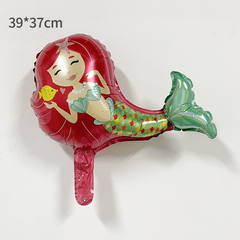 Balon din Folie Metalizata, Mini Figurine, Model Sirena cu Par Rosu, Tematica Aniversare, 39x37 cm, Ambalaj Individual, Pai Inclus, Umflare cu Aer sau Heliu, Multicolor [1]
