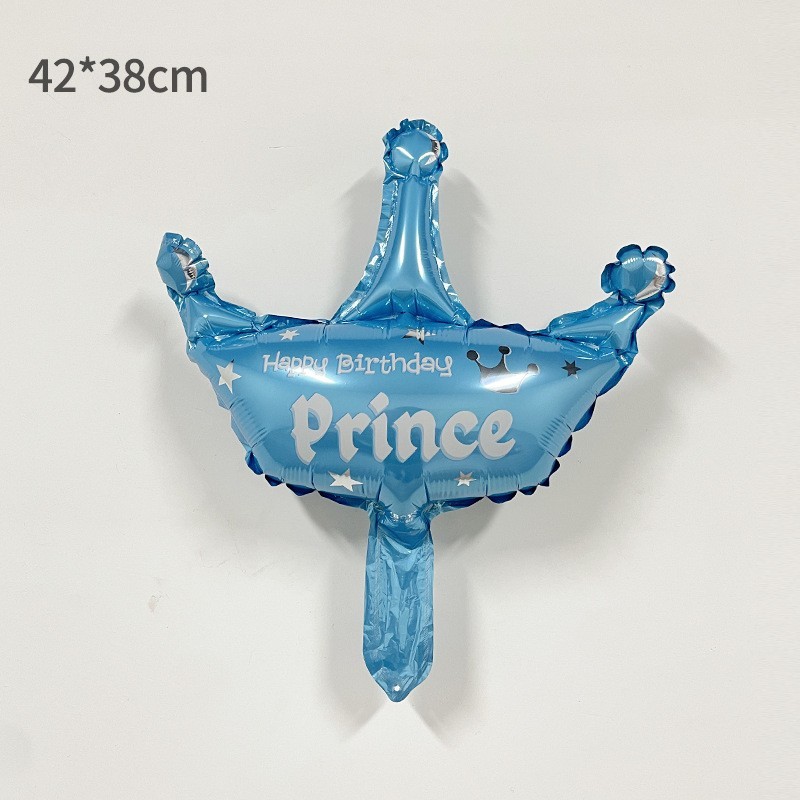 Balon din Folie Metalizata, Mini Figurine, Model Coroana de Print, Tematica Aniversare, 42x38 cm, Ambalaj Individual, Pai Inclus, Umflare cu Aer sau Heliu, Albastru [1]