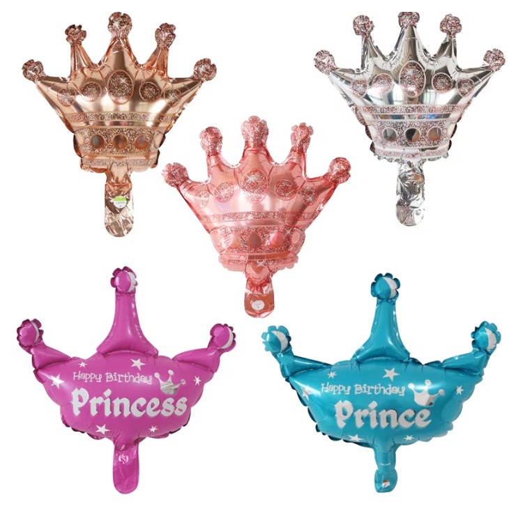 Balon din Folie Metalizata, Mini Figurine, Model Coroana de Printesa, Tematica Aniversare, 42x38 cm, Ambalaj Individual, Pai Inclus, Umflare cu Aer sau Heliu, Roz [5]