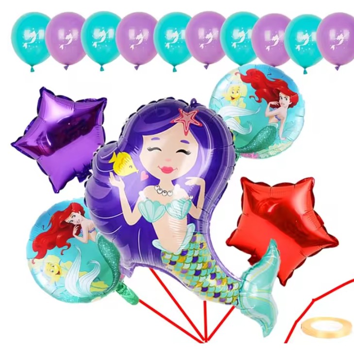 Balon din Folie Metalizata, Mini Figurine, Model Sirena cu Par Mov, Tematica Aniversare, 39x37 cm, Ambalaj Individual, Pai Inclus, Umflare cu Aer sau Heliu, Multicolor [3]