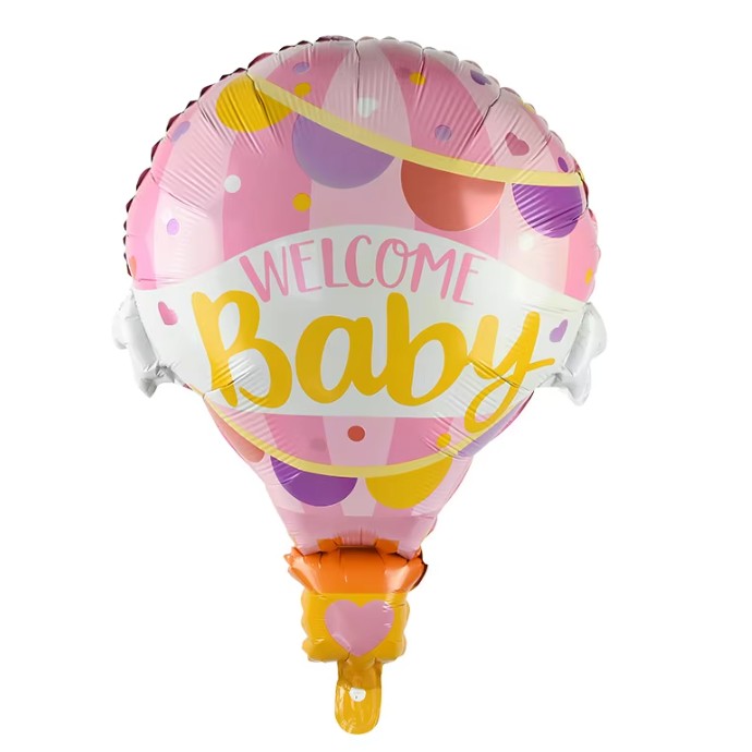 Balon din Folie Metalizata, Mini Figurine, Model Balon cu Aer Cald Fetita, Tematica Welcome Baby, 80x62 cm, Ambalaj Individual, Pai Inclus, Umflare cu Aer sau Heliu, Roz [4]